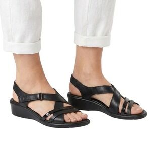 ECCO Shoes Womens Size 10.5 Black Leather Slingback Wedge Sandals Casual Comfort